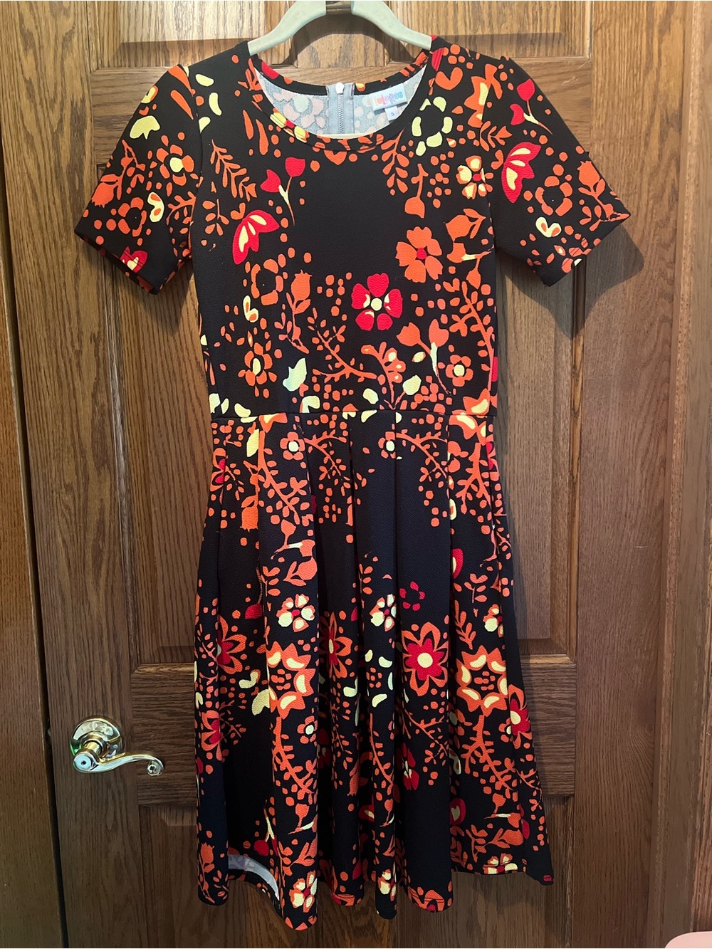 LuLaRoe Amelia Black Dress with Orange,Yellow and Red Floral Print